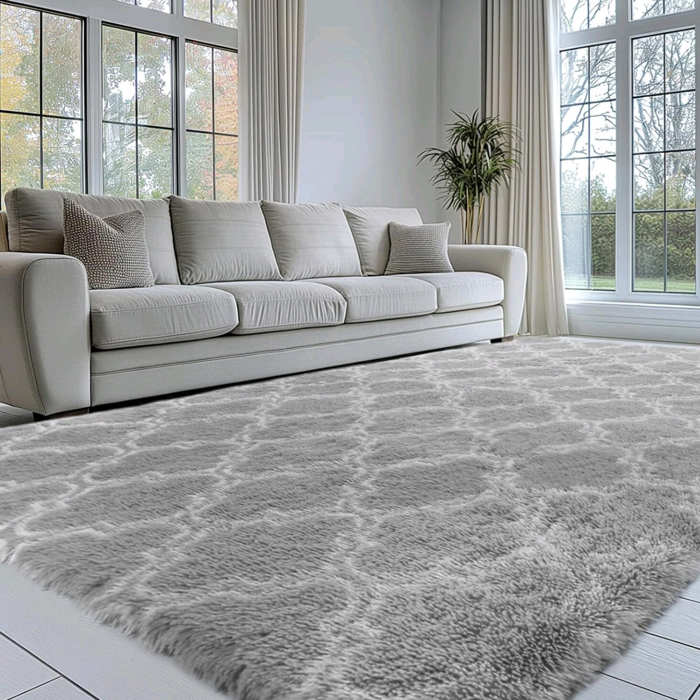 Light Geometric Morrocan Fluffy Rug