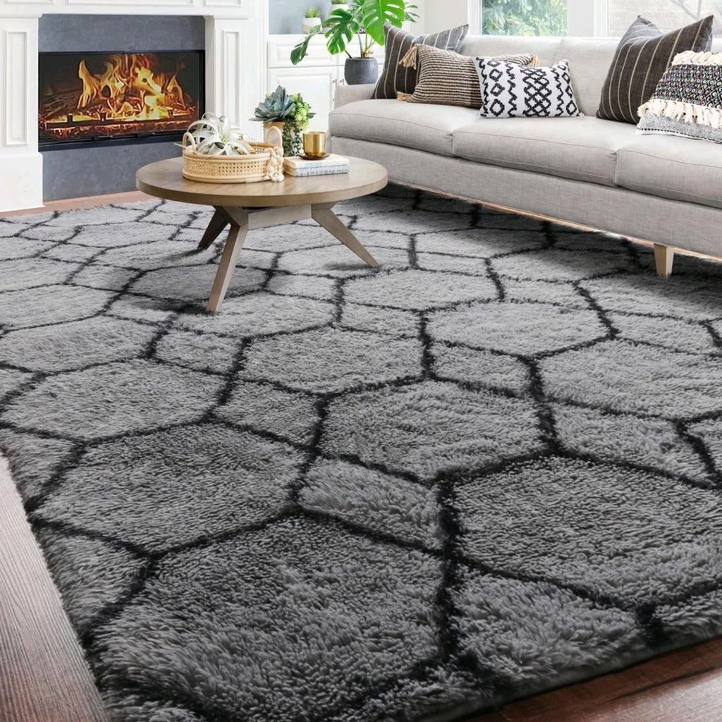 Grey & Black Fluffy Rug