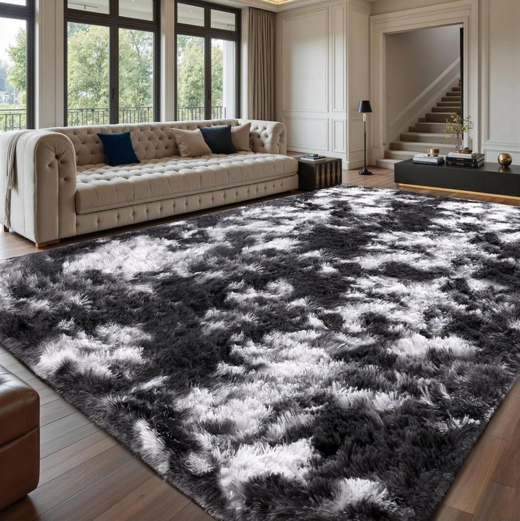 Black White Grey Fluffy Rug