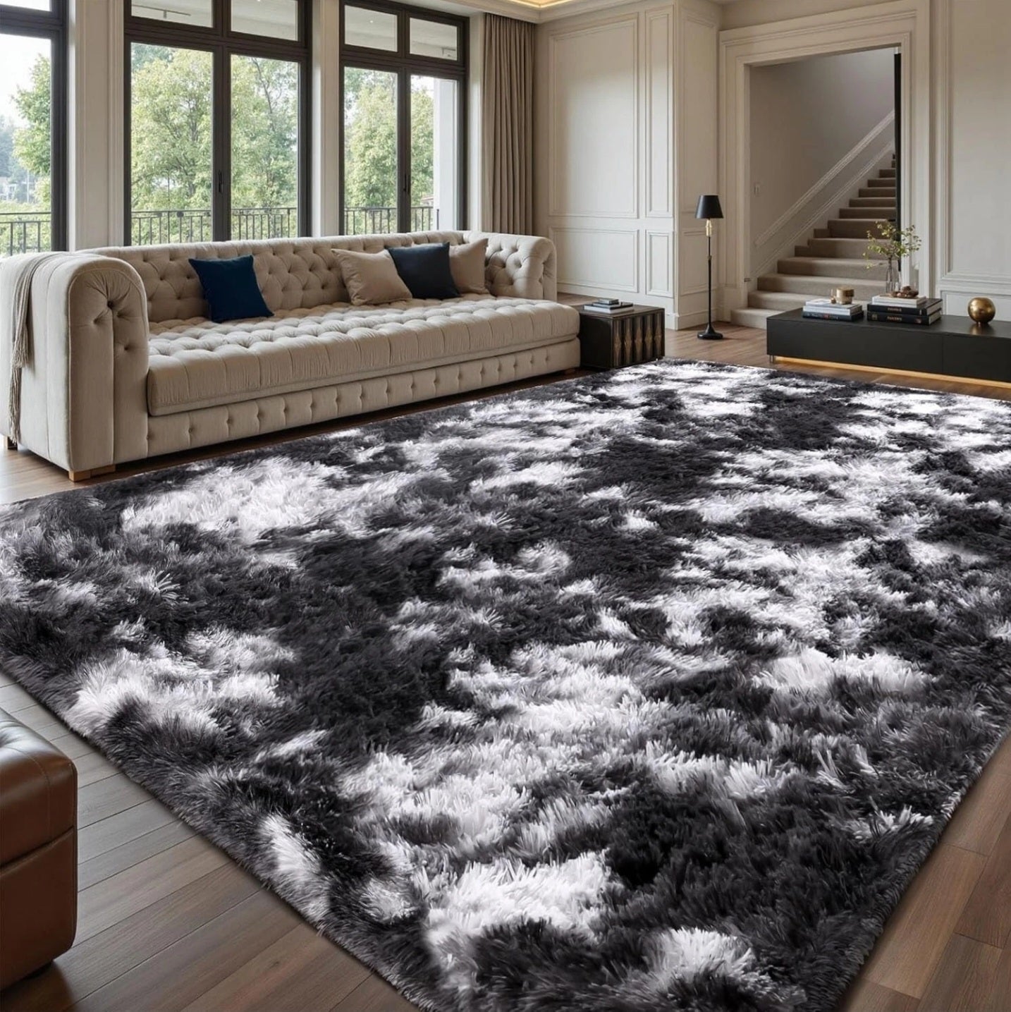 Black White Grey Fluffy Rug