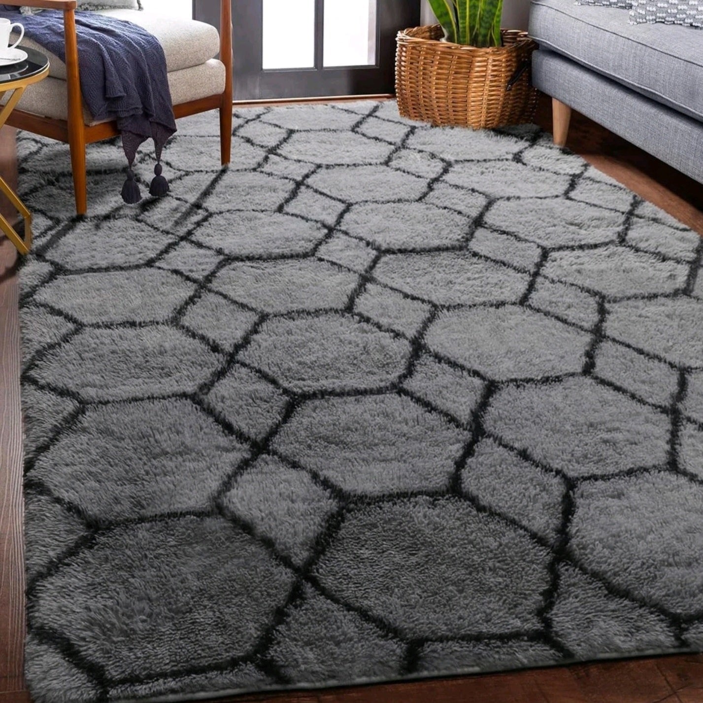 Grey & Black Fluffy Rug