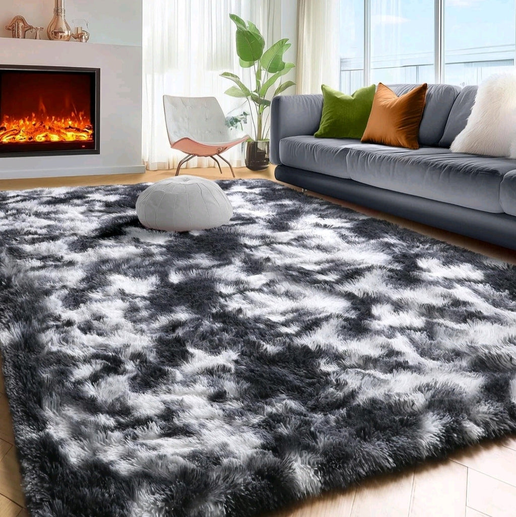 Black White Grey Fluffy Rug