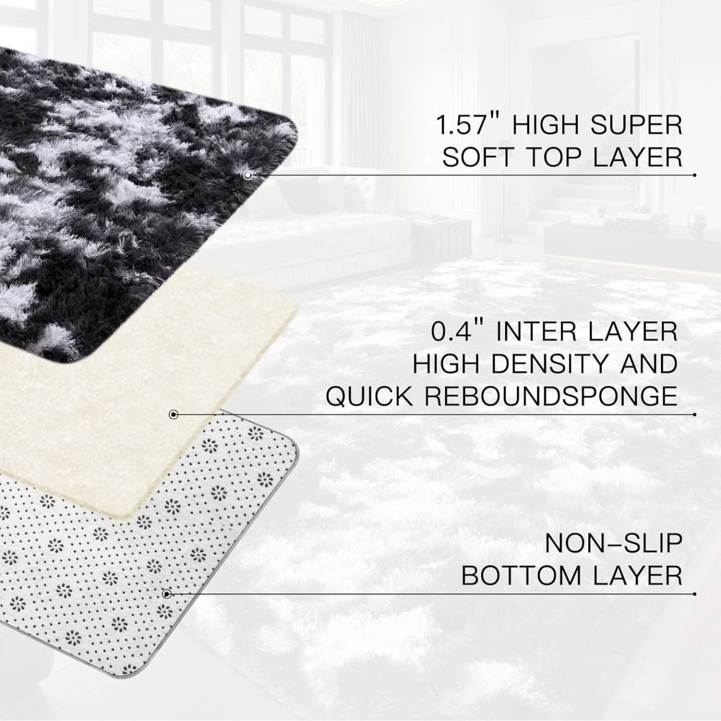 Black White Grey Fluffy Rug