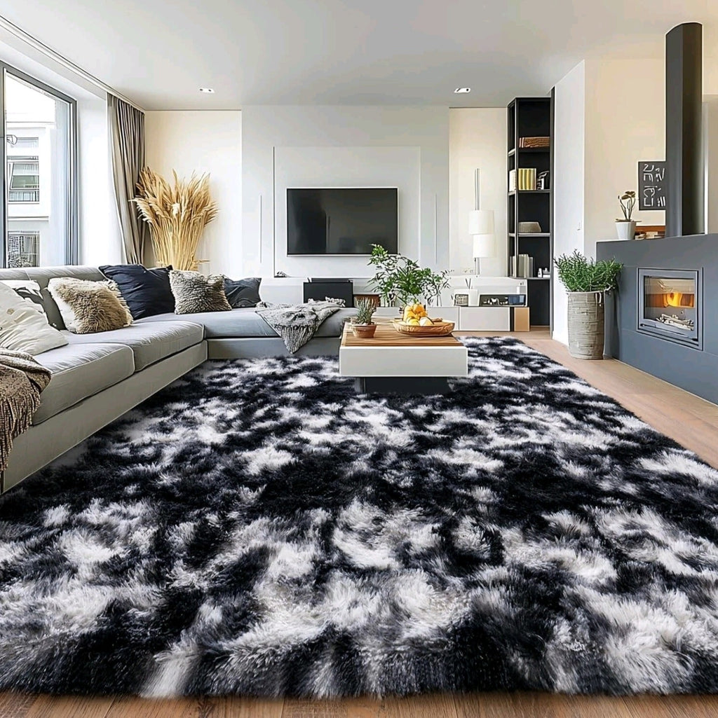 Black White Grey Fluffy Rug