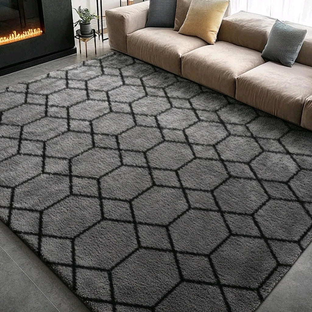 Grey & Black Fluffy Rug