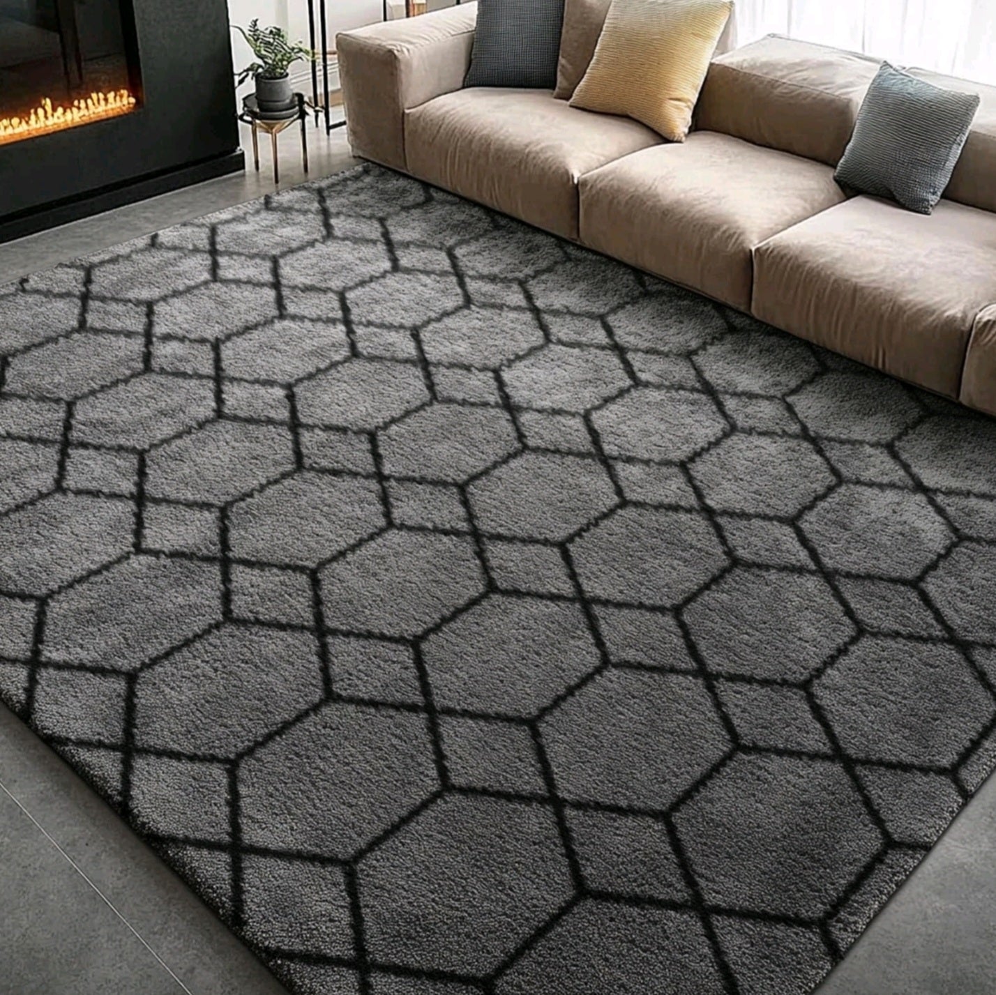 Grey & Black Fluffy Rug
