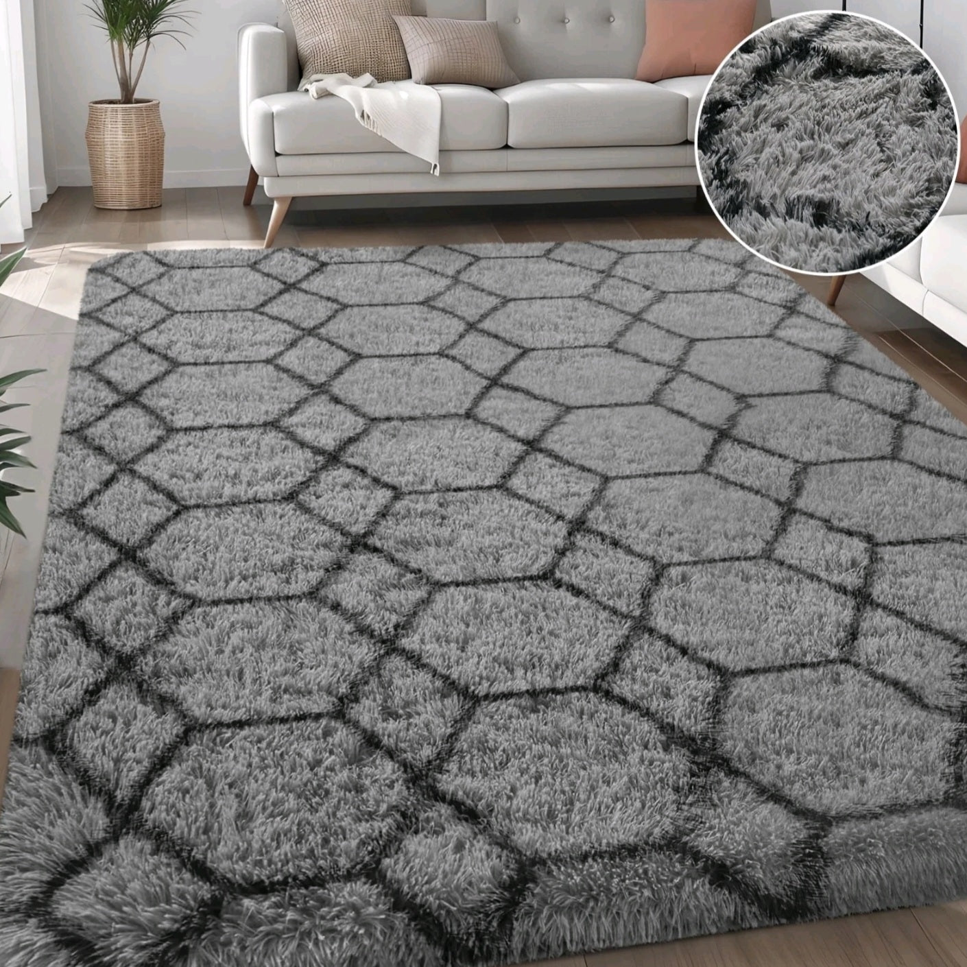 Grey & Black Fluffy Rug