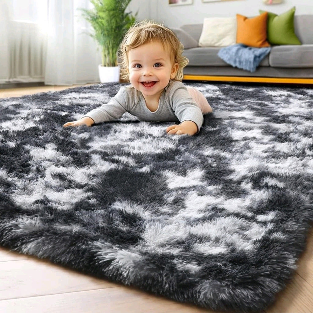 Black White Grey Fluffy Rug